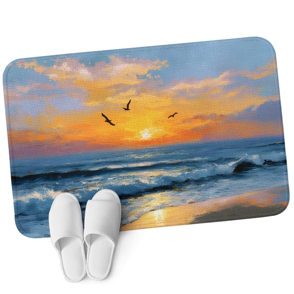3.94'x5.25' Area Rug for Bedroom, Summer Ocean Non Slip Soft Small Carpet for Living Room Dining Room, Washable Low Pile Rugs Kitchen Nursery Floor Mat Watercolor Waves Sunset Sky Oil Painting Art