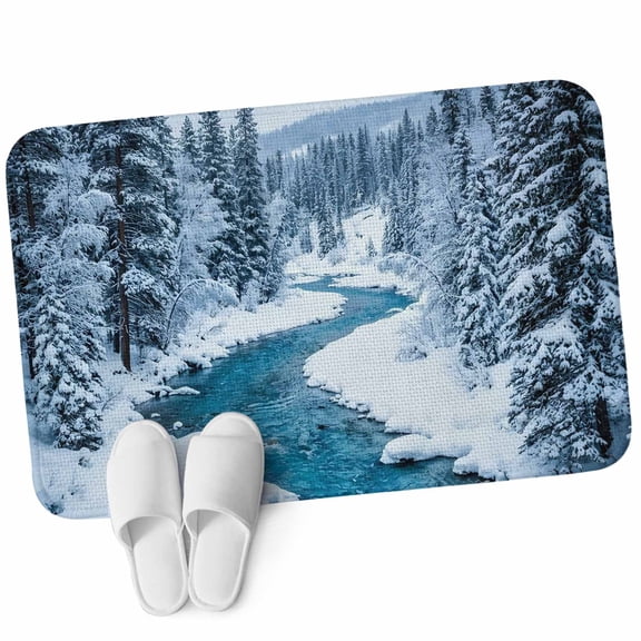 3.94'x5.25' Area Rug for Bedroom, Winter Snowy River Non Slip Soft Small Carpet for Living Room Dining Room, Washable Low Pile Rugs Kitchen Nursery Floor Mat Nature Pine Trees Forest Snowy Scenery