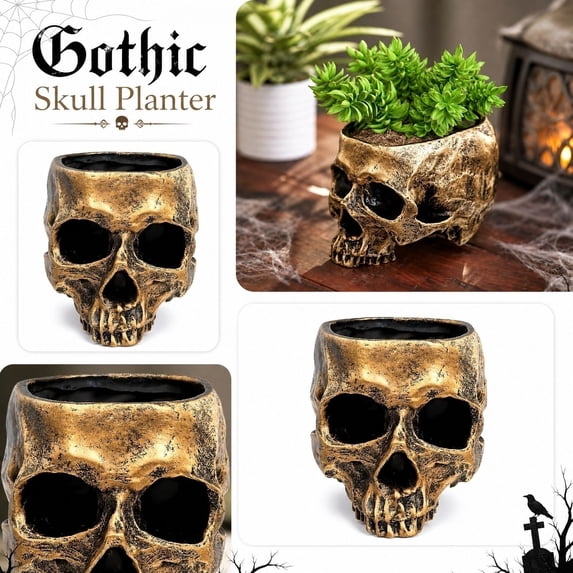 3.94IN Gothic Skull Resin Planter Pot, Halloween Skull Succulent Flower Pot, Multi-Purpose Skull Decor Container for Indoor Plants, Candy, Table Bar Decor,Gold