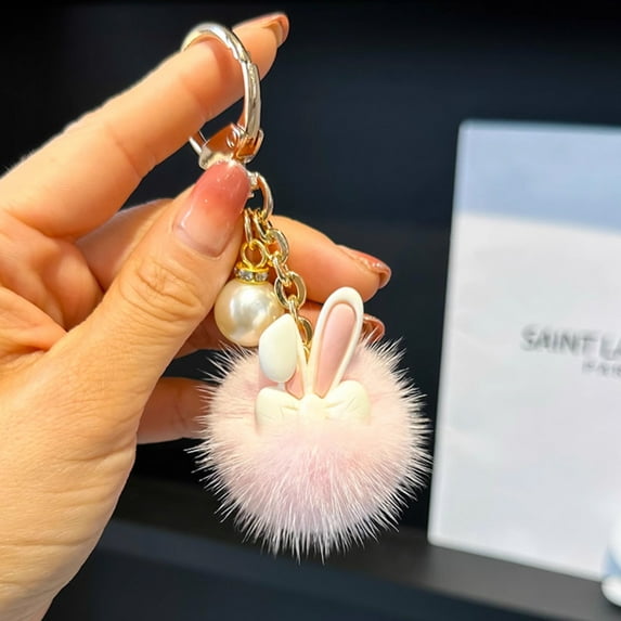 3.94x1.57in Cute Bunny Keychain Pendant - Metal Car Keychain Decor with Puffy Ball, Soft Stuffed Animal Bag Charm for Girls (Pink)