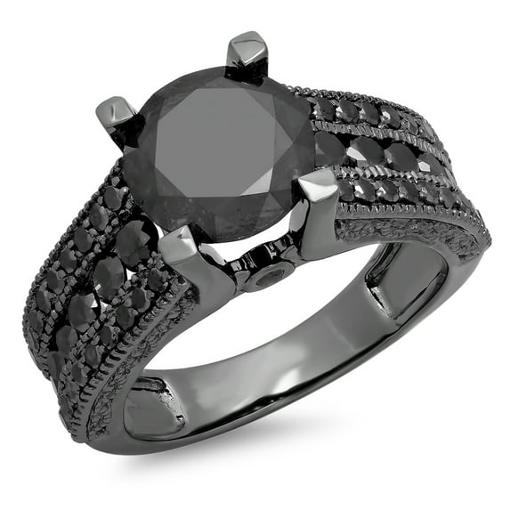 3.95 Carat (ctw) Black Rhodium Plated 18K White Gold Round Black Diamond Ladies Vintage Style Solitaire With Accents Bri