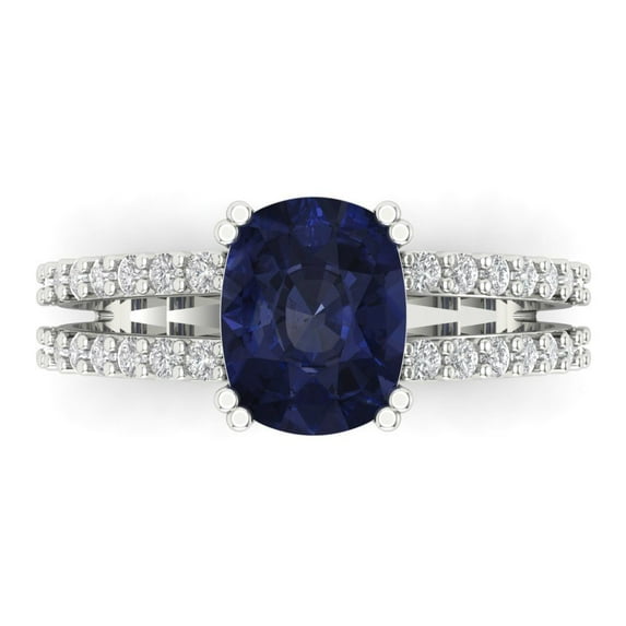 3.48 cttw Simulated Blue Sapphire 14K White Gold Engagement Ring for Women - 9x7mm Long Cushion Cut - Solitaire with Accents Solid Gold