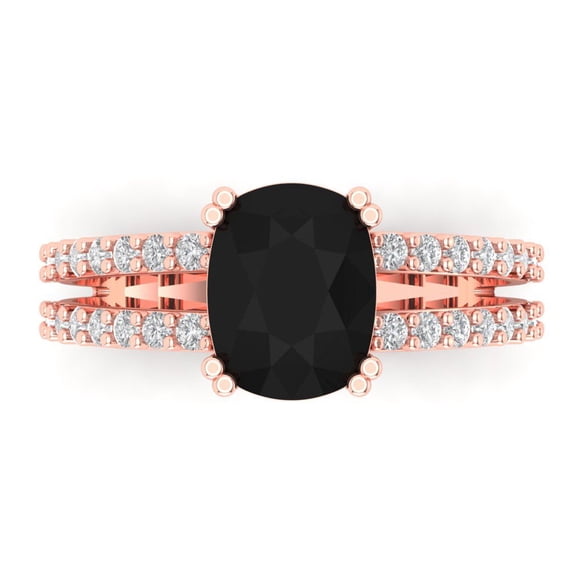3.96ct Cushion Cut Black Natural Onyx 14k Pink Rose Gold Engraving Statement Bridal Wedding Designer Ring Size 9.5