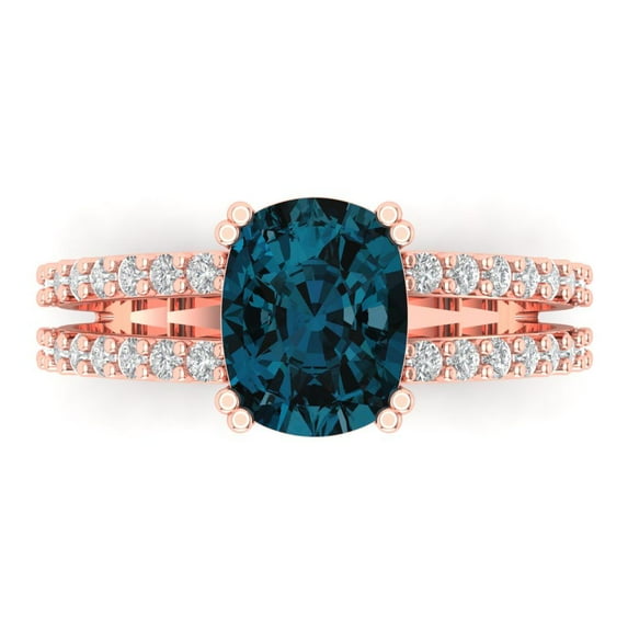 3.96ct Cushion Cut Blue Natural London Blue Topaz 14k Pink Rose Gold Engraving Statement Bridal Wedding Designer Ring Size 7.5