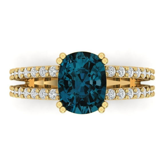 3.96ct Cushion Cut Blue Natural London Blue Topaz 14k Yellow Gold Engraving Statement Bridal Wedding Designer Ring Size 7