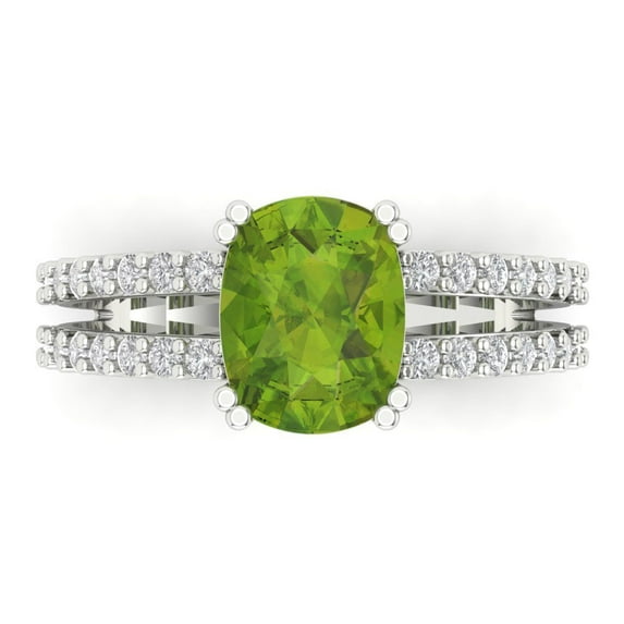 3.96ct Cushion Cut Green Natural Peridot 14k White Gold Engraving Statement Bridal Wedding Designer Ring Size 4