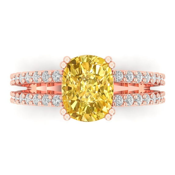 3.96ct Cushion Cut Yellow Crystal 18k Pink Rose Gold Engraving Statement Bridal Wedding Designer Ring Size 10.5