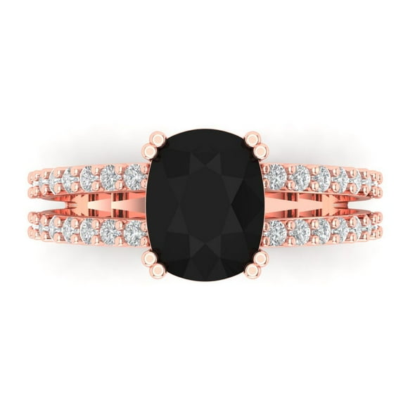 Clara Pucci 14K Rose Gold Solid Gold Onyx Solitaire with Accents Anniversary Ring for Women - 3.48 cttw Long Cushion Cut