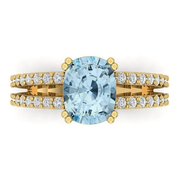 Clara Pucci 14K Yellow Gold Solid Gold Blue Solitaire with Accents Anniversary Ring for Women - 3.48 cttw Long Cushion Cut