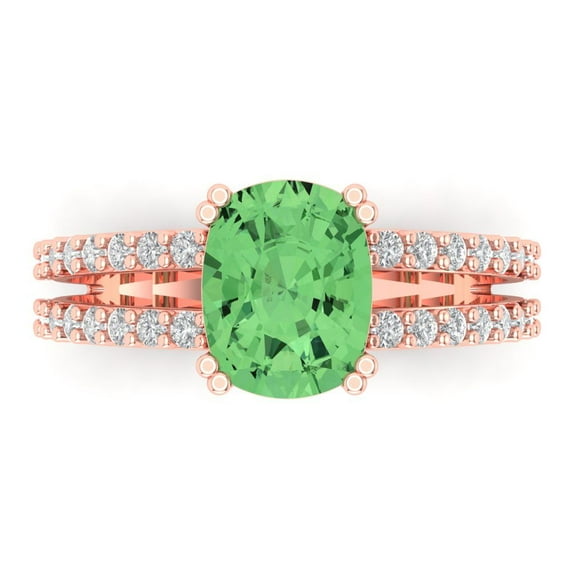 Clara Pucci 14K Rose Gold Solid Gold Green Solitaire with Accents Anniversary Ring for Women - 3.48 cttw Long Cushion Cut