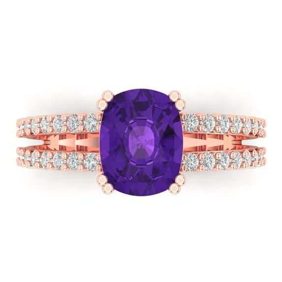 Clara Pucci 14K Rose Gold Solid Gold Amethyst Solitaire with Accents Anniversary Ring for Women - 3.48 cttw Long Cushion Cut