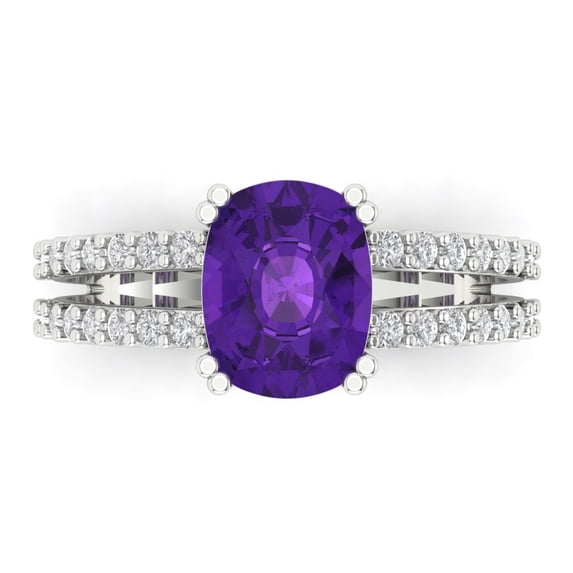 Clara Pucci 14K White Gold Solid Gold Amethyst Solitaire with Accents Anniversary Ring for Women - 3.48 cttw Long Cushion Cut