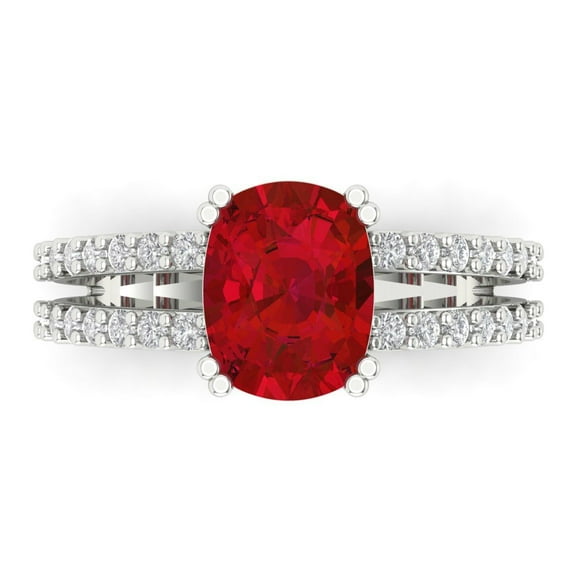 Clara Pucci 14K White Gold Solid Gold Ruby Solitaire with Accents Anniversary Ring for Women - 3.48 cttw Long Cushion Cut
