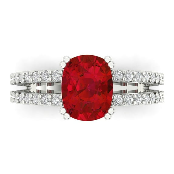 Clara Pucci 14K White Gold Solid Gold Ruby Solitaire with Accents Anniversary Ring for Women - 3.48 cttw Long Cushion Cut
