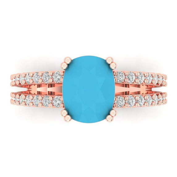 Clara Pucci 14K Rose Gold Solid Gold Turquoise Solitaire with Accents Anniversary Ring for Women - 3.48 cttw Long Cushion Cut