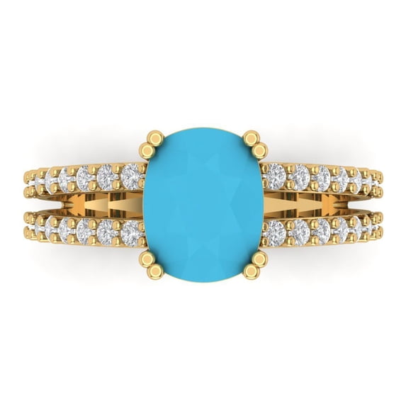 Clara Pucci 14K Yellow Gold Solid Gold Turquoise Solitaire with Accents Anniversary Ring for Women - 3.48 cttw Long Cushion Cut