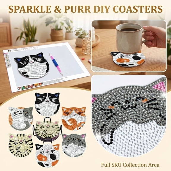 3.9IN Cute Cat Diamond Painting Coasters DIY Kit, 6 Pcs Cat Shaped Diamond Art Drink Coasters with Metal Storage Holder, Sparkly Rhinestone Diamond Coaster Craft Set for Everyone &Home Table Decor
