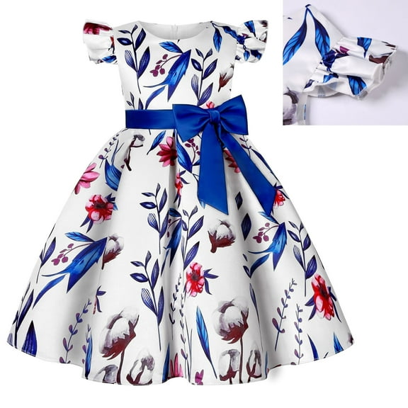 3-9Y Girls Dress Bow Bridesmaid Wedding Princess Dress Floral Short-Sleeve Dresses