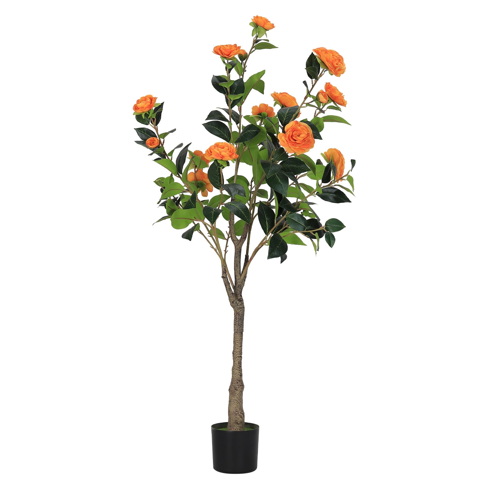 3.9ft Artificial Orange Camellia Tree, Faux Flower Plant with Pot, Realistic Fake Tree for Home Office Decor Set of 2 - Orange