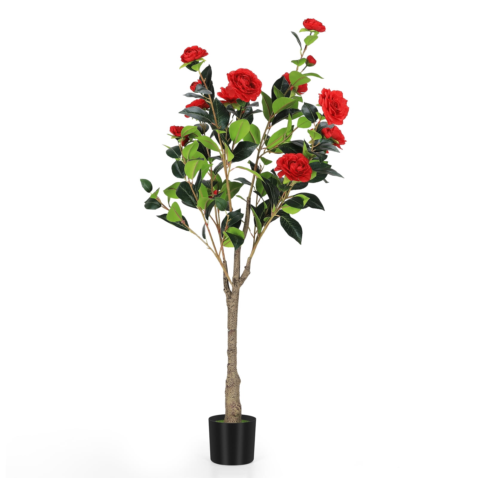 3.9ft Artificial Orange Camellia Tree, Faux Flower Plant with Pot, Realistic Fake Tree for Home Office Decor Single Pack - RED