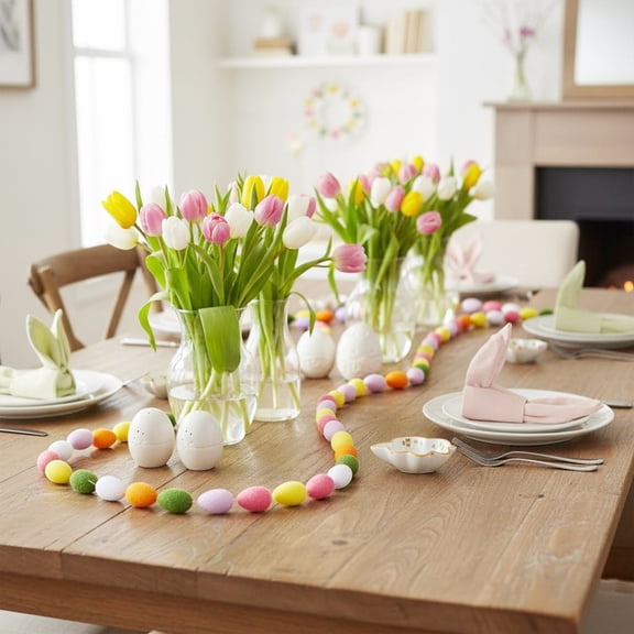 3.9ft Easter Flocked Egg Garland, Colorful Pastel Egg String for Easter Decor Home Party Mantel Decor