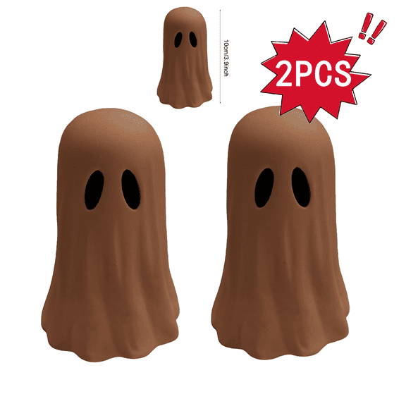 3.9in Halloween Ghost Statue - 2pcs Spooky Decorative Figurine for Porch & Indoor Spaces, Cute Ghost Ornament to Elevate Halloween Decor, Perfect for Home & Party Festive Setup, Brown