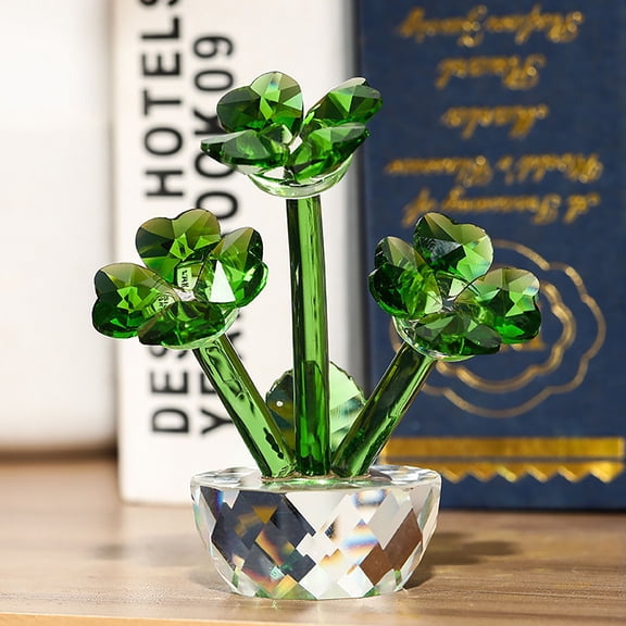 3.9inch Crystal Flower Dreams Four-Leaf Clover FigurineCollectibles Green Crystal Glass Statue Ornament Lucky Gift for Car Table Shelf Decorations
