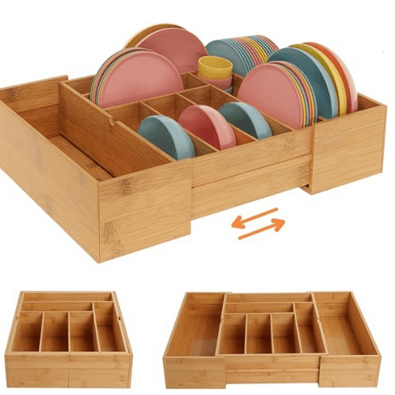 3.9inch Tall Bamboo Drawer Organizer, Expandable Utensil Holder with 8 Compartments, Adjustable Kitchen Drawer Divider for Flatware, Silverware and Gadgets, Deep Storage for Home and Office