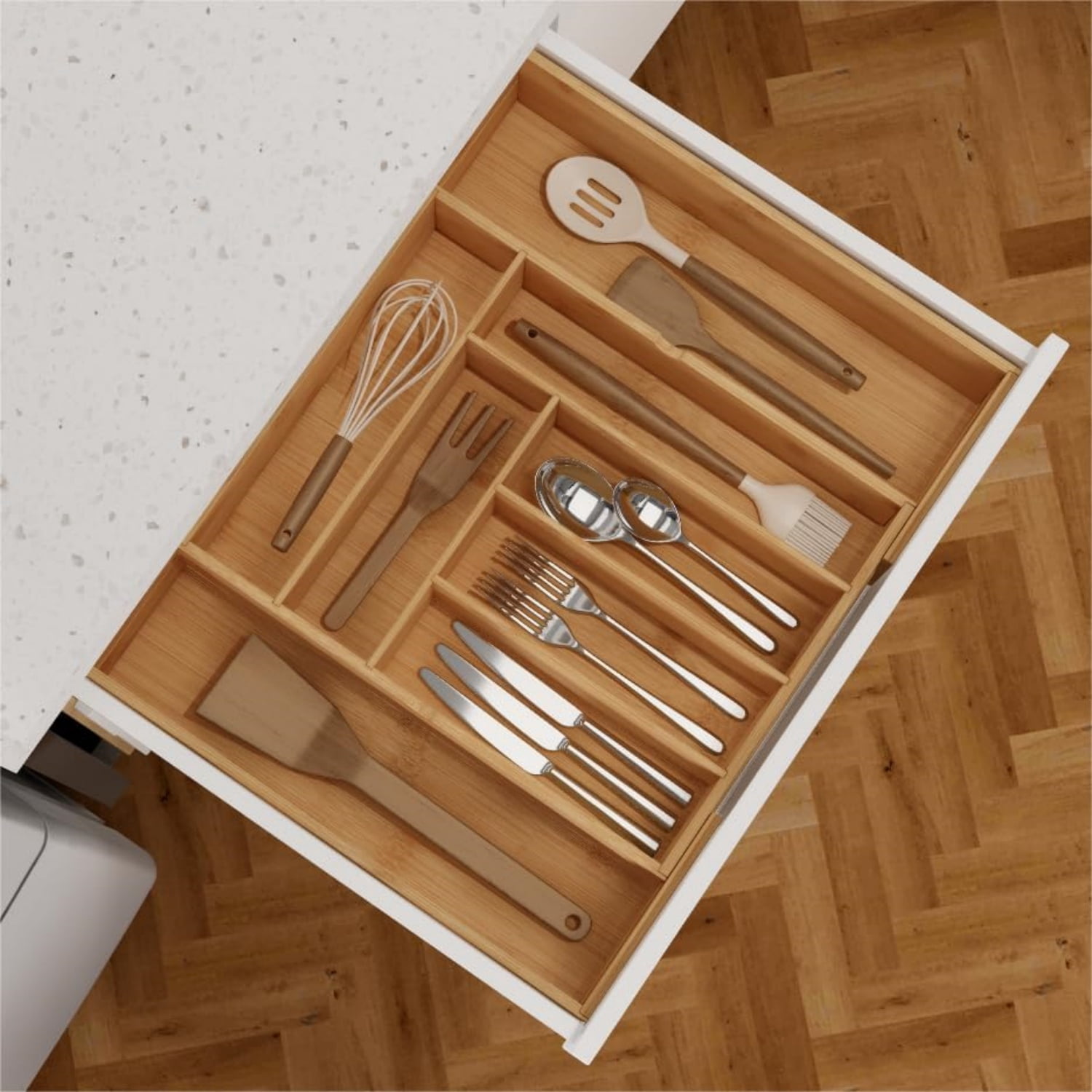 3.9inch Tall Bamboo Drawer Organizer, Expandable Utensil Holder with 8 Compartments, Adjustable Kitchen Drawer Divider for Flatware, Silverware and Gadgets, Deep Storage for Home and Office