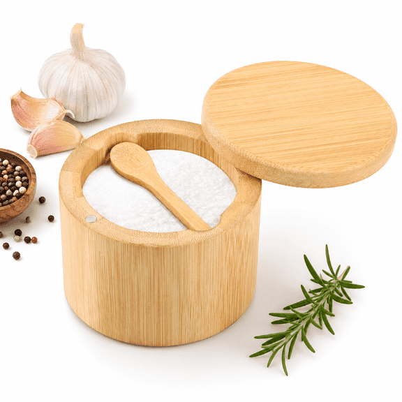 Salt Box Bamboo 13oz 3.9 inch Swivel Lid Magnetic Lock with Spoon for Salt Pepper Sugar Kitchen