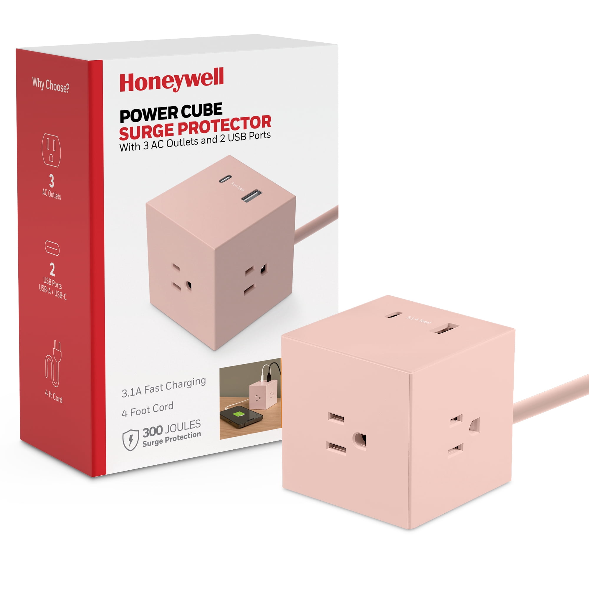 Honeywell Power Cube, 3 Outlets + USB-C & USB-A, 4 ft Cord, Flat Plug, Pink