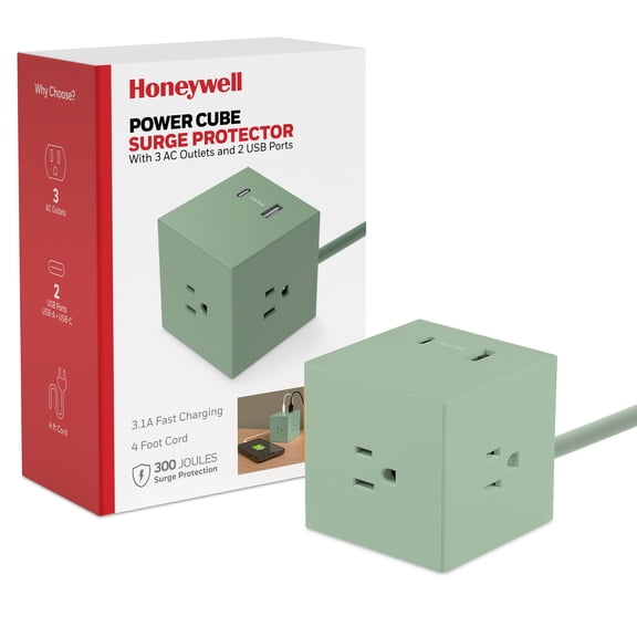 Honeywell Smart 3 AC & 2 USB Power Cube Sage Green with Surge Protection and Fabric Cord
