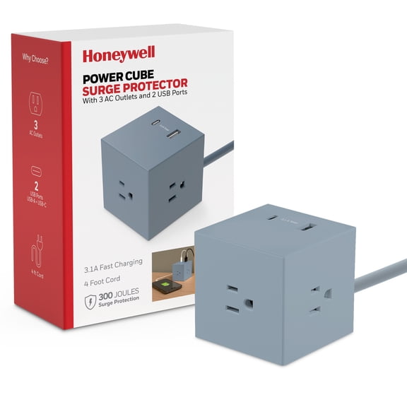 Honeywell 3 AC Outlets + 2 USB Ports Power Cube in Steel Blue with Surge Protection Compatible with Smart Control Systems