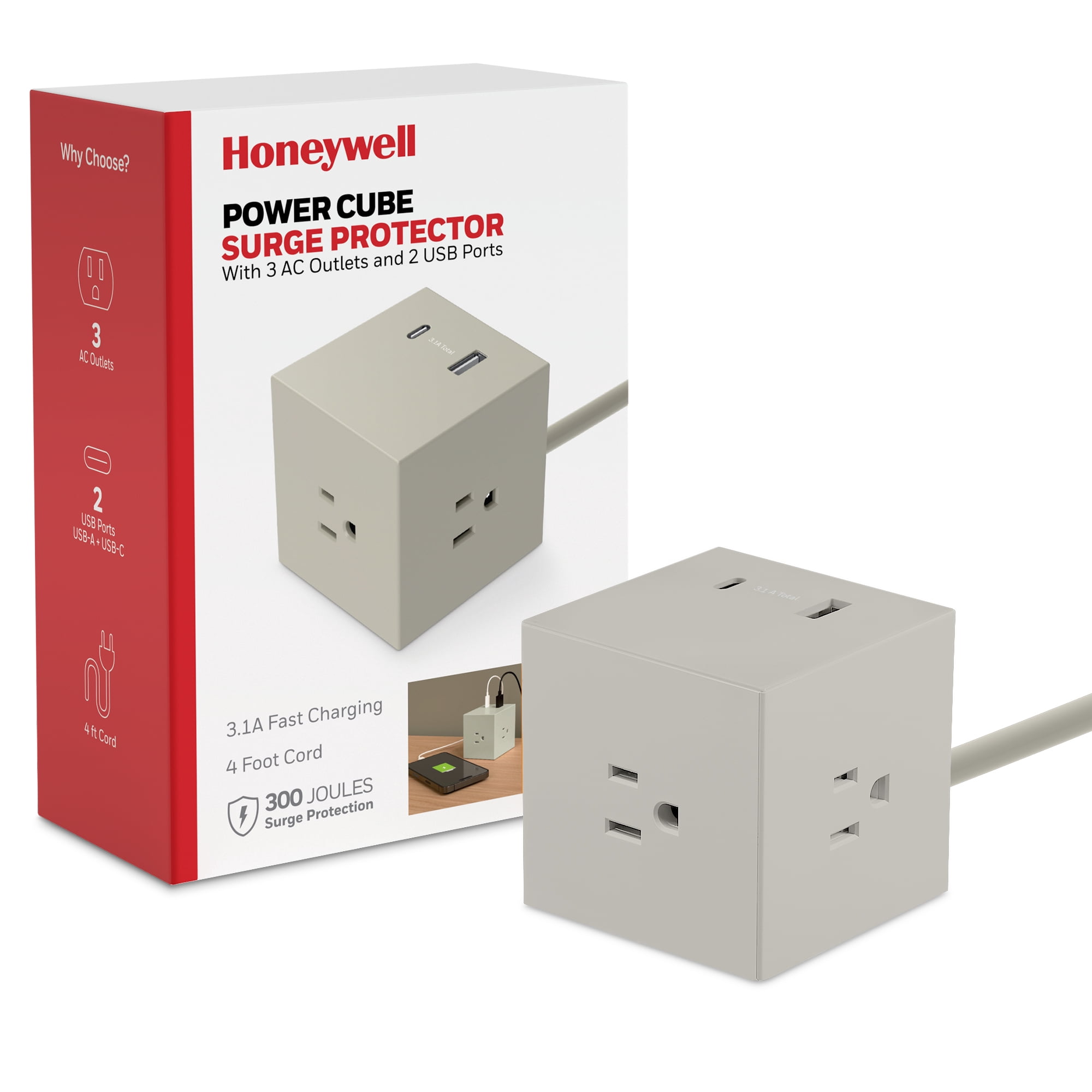 Honeywell 125V 15A Power Cube with 3 AC Outlets, 2 USB Ports (3.1A), 300 Joules Surge Protection, Tamper-Resistant USB Outlet, Taupe