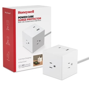 Honeywell Power Cube Surge Protector with 3 AC Outlets and 2 USB Ports, 4ft Fabric Cord, White