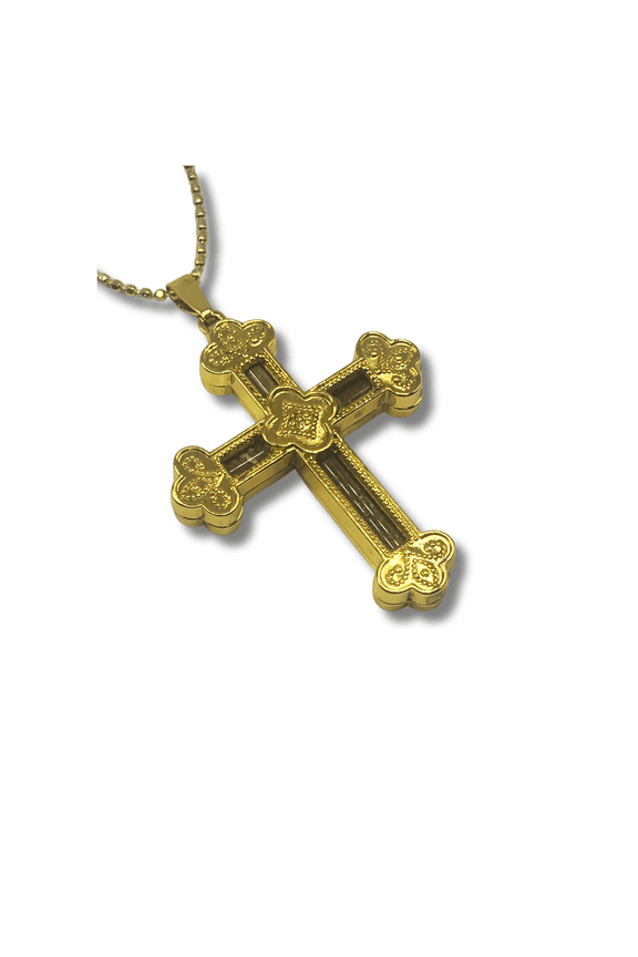 Burial Cross Pendant with Holy Land Soil, Gold Plated Zinc Alloy, 2.5" in Height, 18" in Ball Chain, Elegantly Boxed