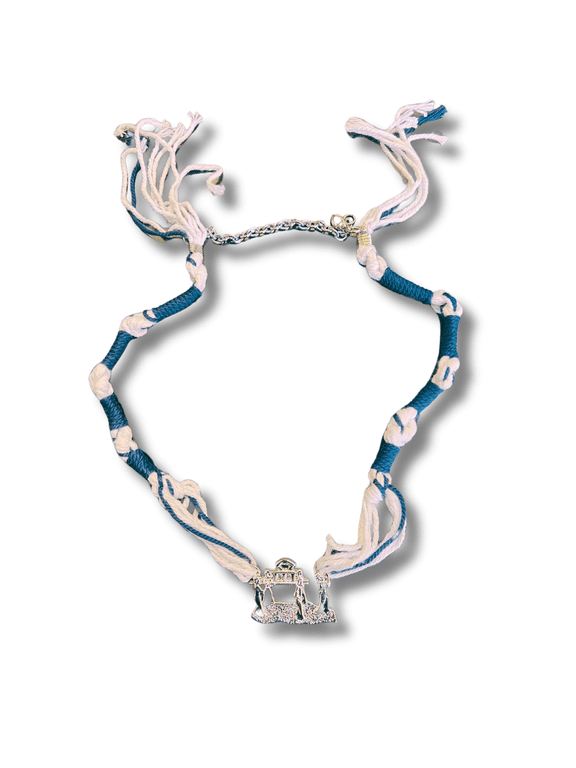 Sacred Jewish Tzitzit Pendant Necklace with Ark of Covenant Design - Silver-Plated Religious Jewelry with Blue Thread & Steel Clasps for Women & Men