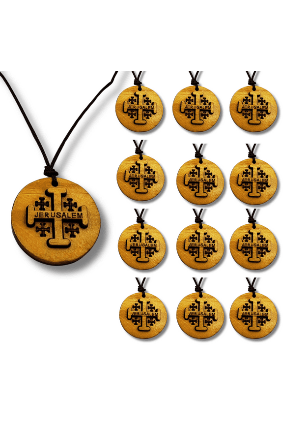Wooden Jerusalem Cross Necklace - Handmade Natural Wood Religious Pendant with Rope, 1.2in Diameter - Easter & Christmas Present Set, 12 Pieces for Church Groups & Prayer