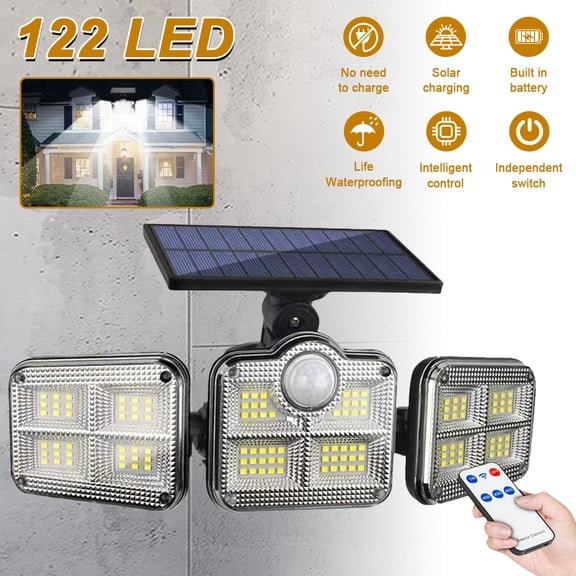 3 Adjustable Heads Solar Motion Sensor Lights Outdoor, 122 LED Super Bright Solar Security Light with Remote Control, IP65 Waterproof 270 Wide Angle Solar Wall Light for Garage Yard Patio Front Door