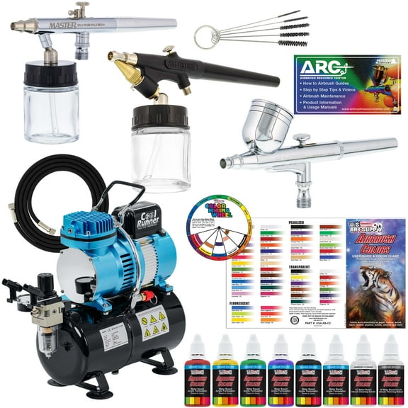 Master Airbrush Multi-Purpose Airbrushing System with 3 Airbrushes, 6 U.S. Art Supply Primary Colors Acrylic Paint Set - Cool Running Air Compressor - Color Mixing Wheel, Usage Guide, Brushes