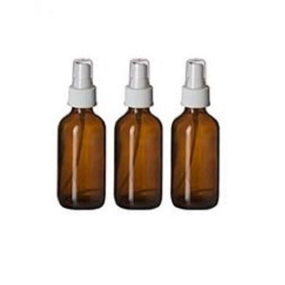 3 Amber 4oz Boston Round Glass Bottle White Spray Fine Ribbed Mist Sprayer