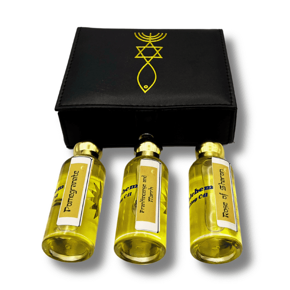 3 Arches USA Holy Land Anointing Oil Set - Frankincense & Myrrh, Rose of Sharon & Pomegranate - 0.6 fl.oz Each Bottle in Leather Case - Made in Bethlehem with Virgin Olive Oil