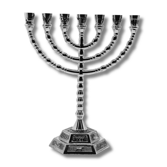 3 Arches USA Jerusalem Temple 7-Branch Menorah 12 Tribes of Israel Candle Holder(Silver 8")