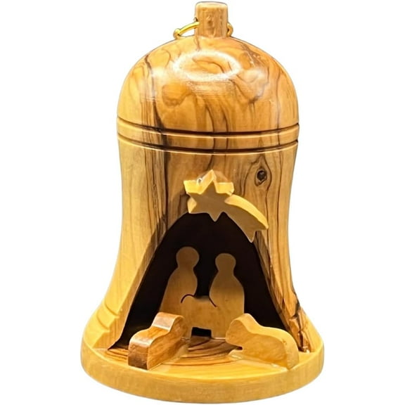 3 Arches USA Olive Wood Christmas Ornament- 3D Nativity Scene Bell Ornament- Tree Hanging Bell Big- 4 Height