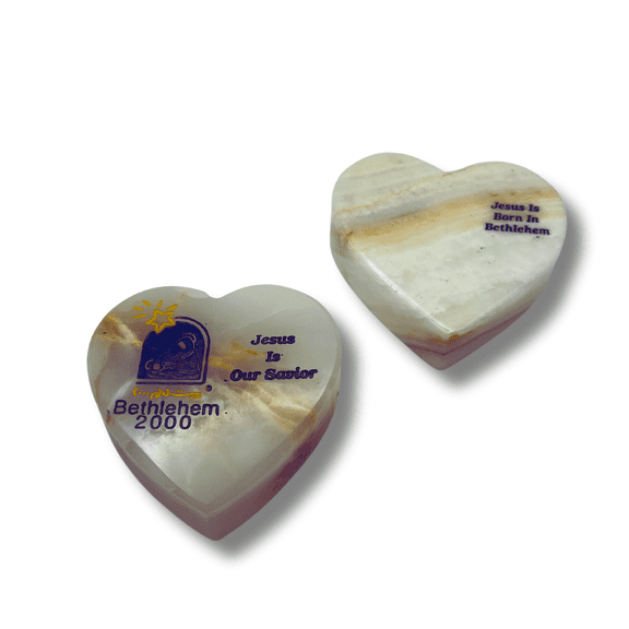 3 Arches USA Religious Heart Paperweights - 2 PCS Alabaster Stone with "Our Saviour" & "Born in Bethlehem" Inscriptions - Decorative Christian Paperweights Set, 3x3x0.5in