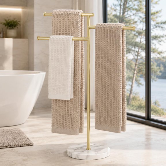 3-Arm Free Standing Towel Rack, Natural Marble Base