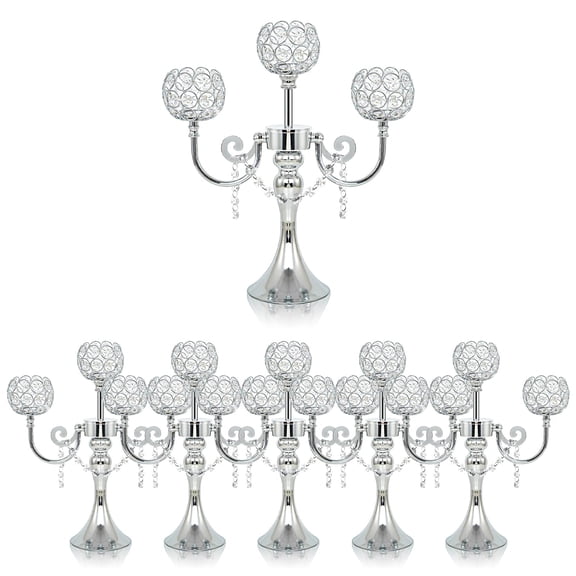 3-Arm Gold Metal Candelabra with Crystal Bowls, Tealight Holder Centerpiece for Birthday, Dining Table, Party Decor, Christmas and Home Decoration (6, Silver) A101