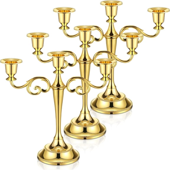 3 Arm Metal Candelabra Candlestick Holder Tall Gothic Style 10 Inch Gold