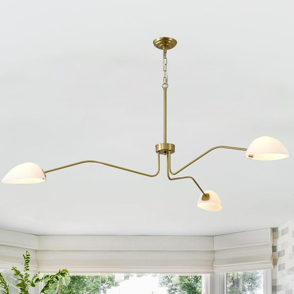 3-Arm Mid-Century Brass Chandelier with Glass Shades - Adjustable Dimmable Farmhouse Pendant Light for Kitchen Island, Dining & Living Room