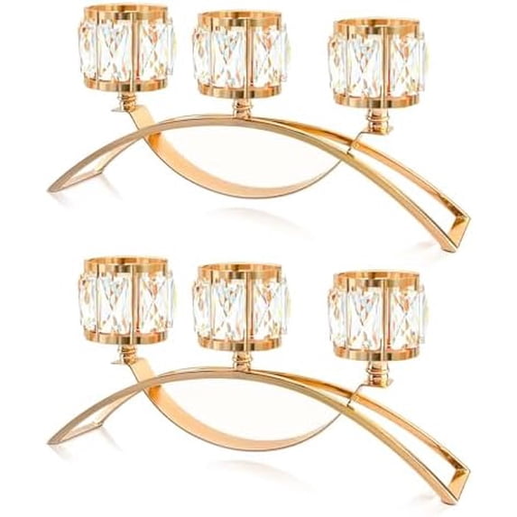 3 Arms Crystal Candle Holders, Arch Candlestick Table Candelabras Centerpieces for Wedding, Dinning Room, Cabinet Ornaments, Home Decoration, Gift (Gold, 2 Pcs-3 Arm Arched)